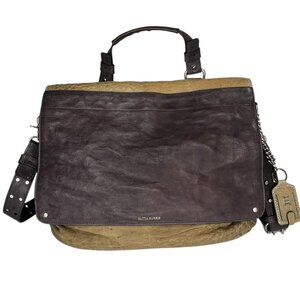 Olivia Harris Large Leather Flap Crossbody Bag Top Handle Croc Two Tone Brown